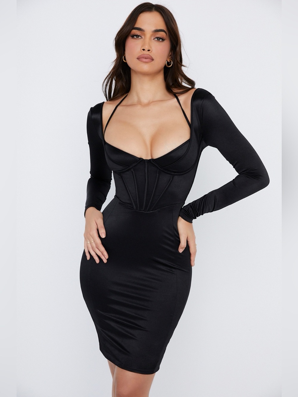NWOT House of CB GRAZIA
Black Disco Satin Corset Dress in size Medium